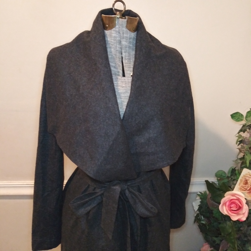 ROYL Designer Luxury Loungewear Charcoal Gray, 100% Italian Cashmere Wrap Jacket - Picture 3 of 13